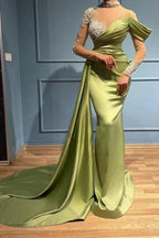 Elegant Long Sage High Neck Mermaid Evening Dresses With Long Sleeves by misshow.com
