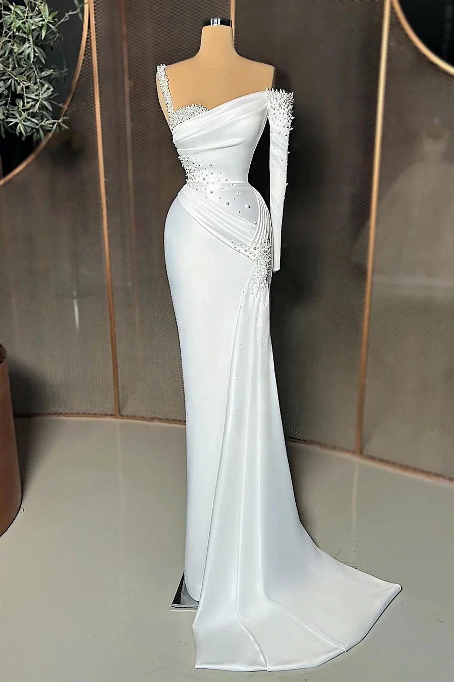Elegant Long Satin One-Shoulder Mermaid Prom Dress With Beading by misshow.com