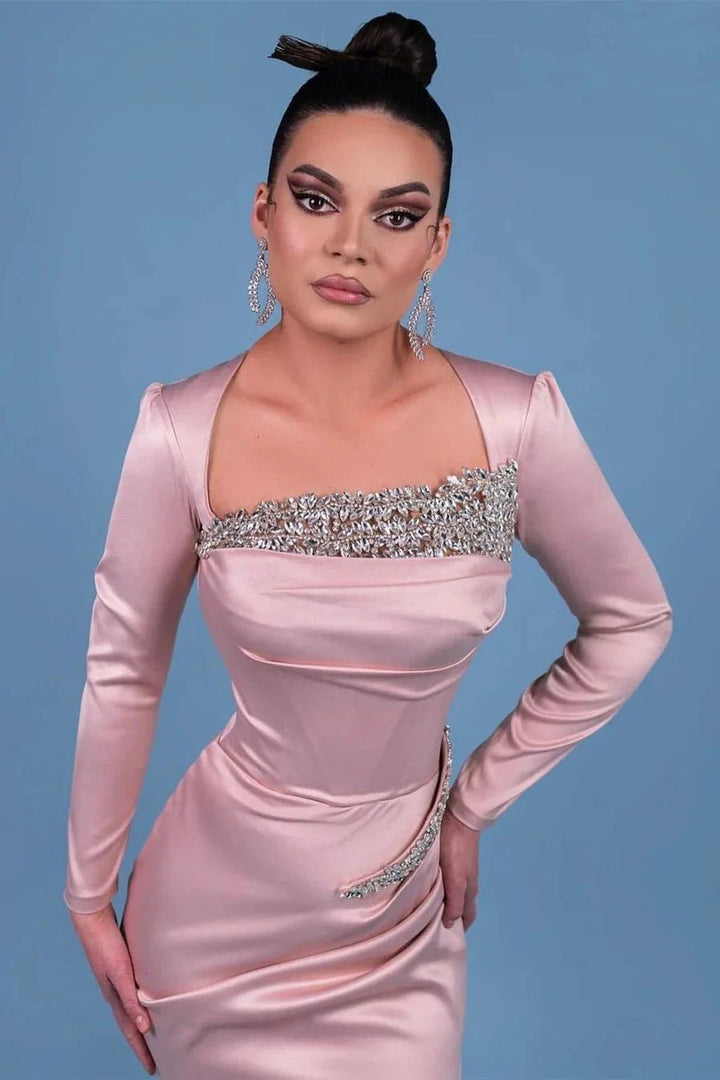 Elegantes vestidos de fiesta rosas de manga larga de satén con diamantes de imitación