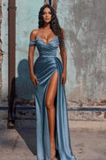 Elegant Long Sheath Off-the-shoulder V-neck Sequins Ruffles Prom Dress With Slit by BIZTUNNEL