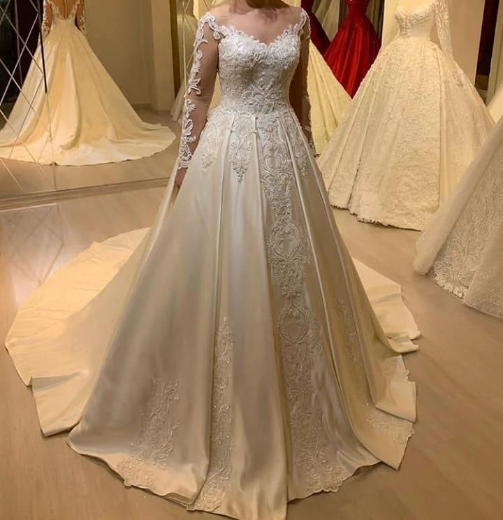 Elegant Long Sleeve A-Line Sweetheart Appliques Lace Pearl Satin Wedding Dress by BIZTUNNEL