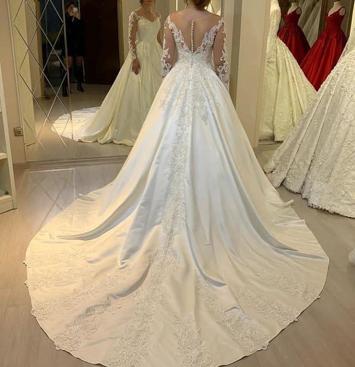 Elegant Long Sleeve A-Line Sweetheart Appliques Lace Pearl Satin Wedding Dress by BIZTUNNEL