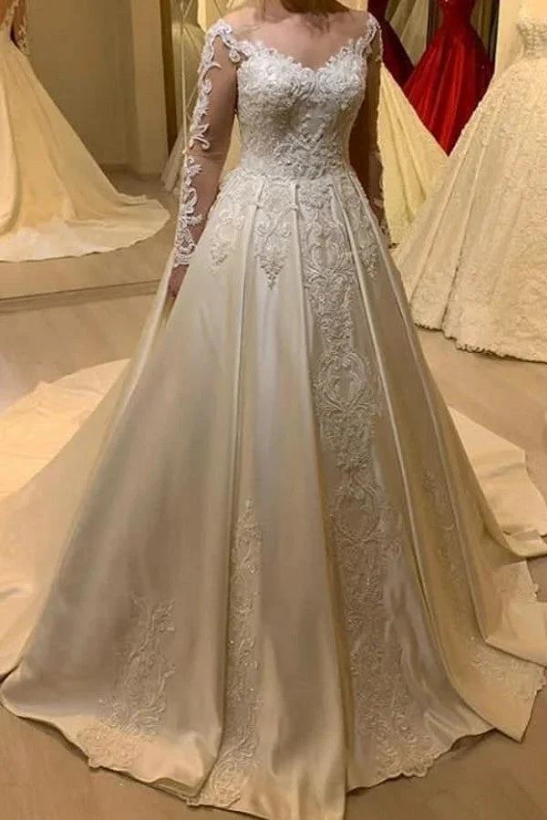 Elegant Long Sleeve A-Line Sweetheart Appliques Lace Pearl Satin Wedding Dress by BIZTUNNEL