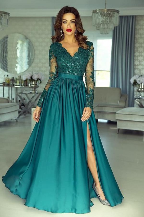 Elegant Long Sleeve A-line V-neck Lace Long Prom Dress with Slit Hover Image