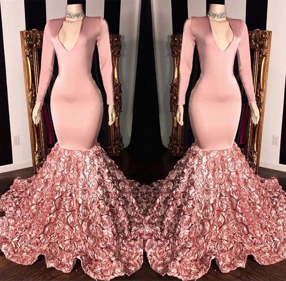 Elegant Long Sleeve Pink Mermaid Flowers Bottom Evening Gowns by misshow.com