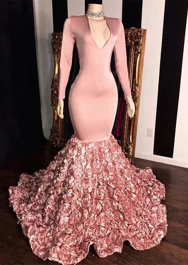 Elegant Long Sleeve Pink Mermaid Flowers Bottom Evening Gowns by misshow.com