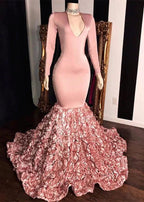 Elegant Long Sleeve Pink Mermaid Flowers Bottom Evening Gowns by misshow.com