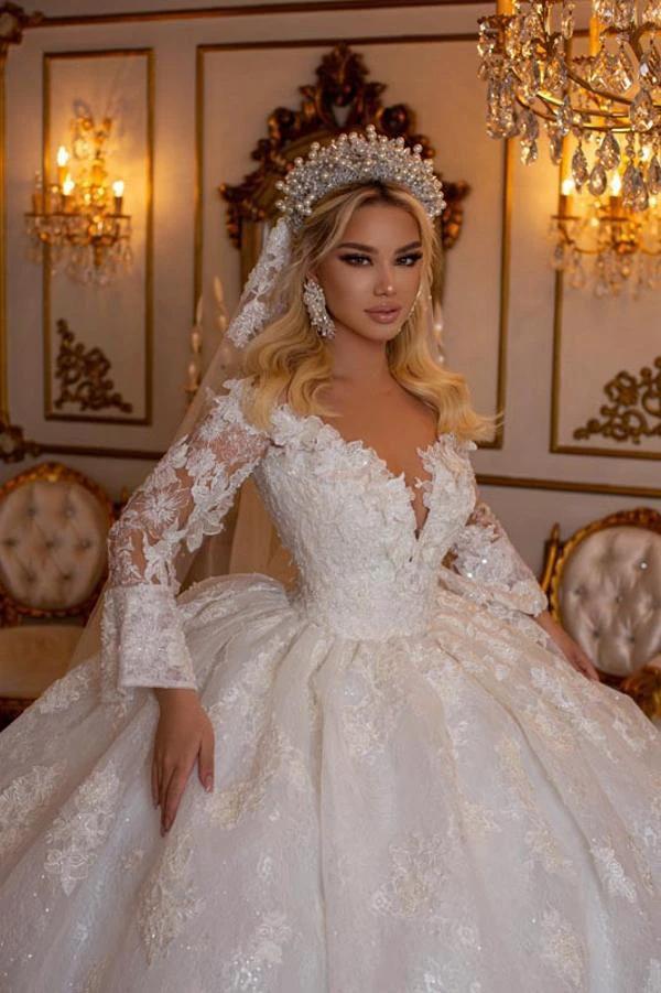 Elegant Long Sleeves Ball Gown V-Neck Sweetheart Wedding Dress with Appliques Lace by BIZTUNNEL