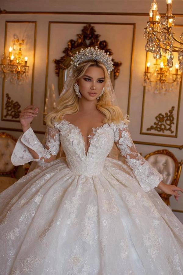 Elegant Long Sleeves Ball Gown V-Neck Sweetheart Wedding Dress with Appliques Lace by BIZTUNNEL