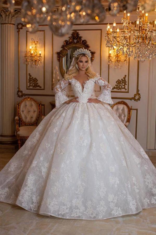 Elegant Long Sleeves Ball Gown V-Neck Sweetheart Wedding Dress with Appliques Lace by BIZTUNNEL