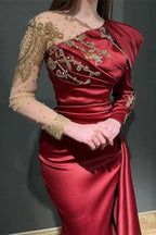 Elegant Long Sleeves Mermaid Asymmetrical Ruffles Satin Tulle Prom Dresses by BIZTUNNEL