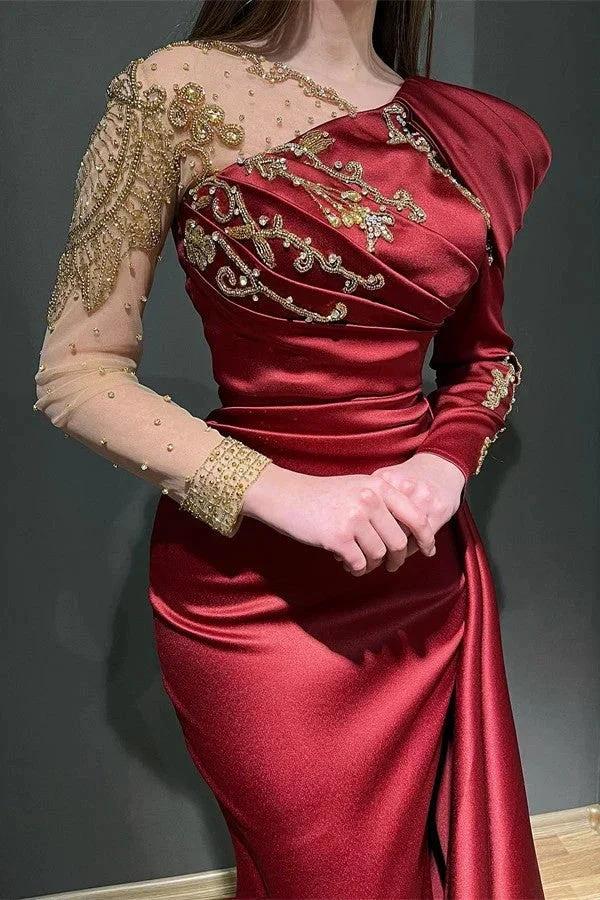 Elegant Long Sleeves Mermaid Asymmetrical Ruffles Satin Tulle Prom Dresses by BIZTUNNEL