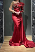 Elegant Long Sleeves Mermaid Asymmetrical Ruffles Satin Tulle Prom Dresses by BIZTUNNEL