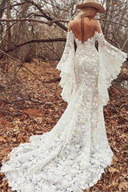 Elegant Long Sleeves Mermaid Lace Backless Wedding Dresses by BIZTUNNEL