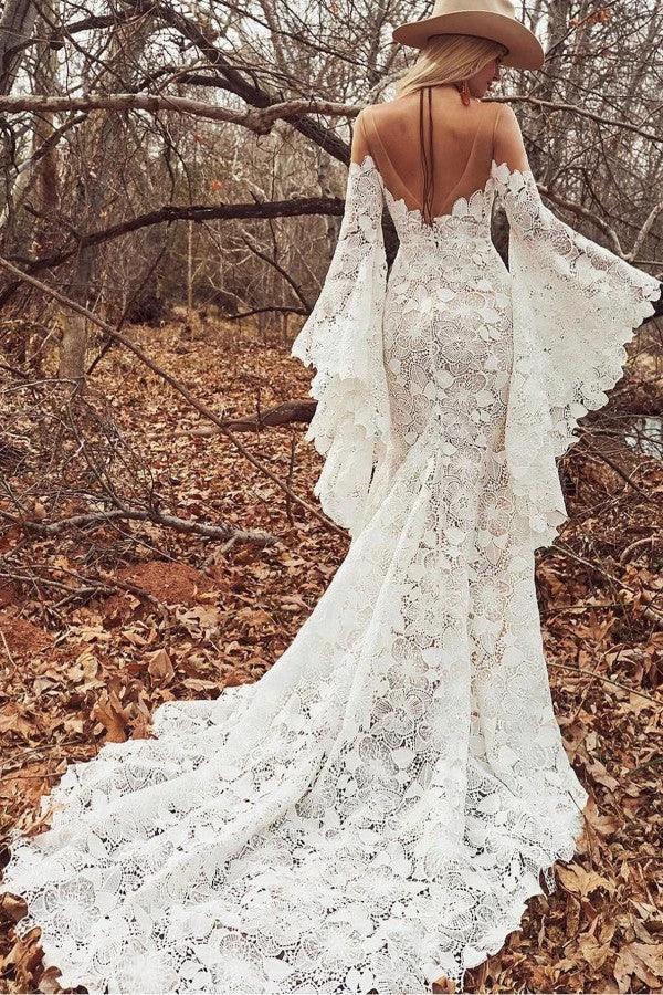 Elegant Long Sleeves Mermaid Lace Backless Wedding Dresses by BIZTUNNEL