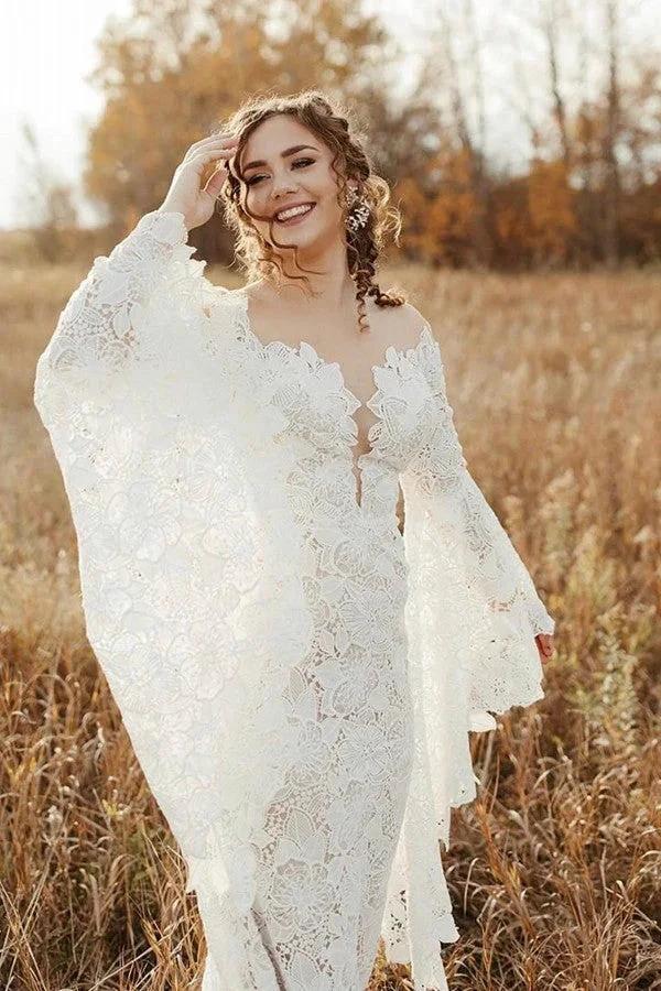 Elegant Long Sleeves Mermaid Lace Backless Wedding Dresses by BIZTUNNEL