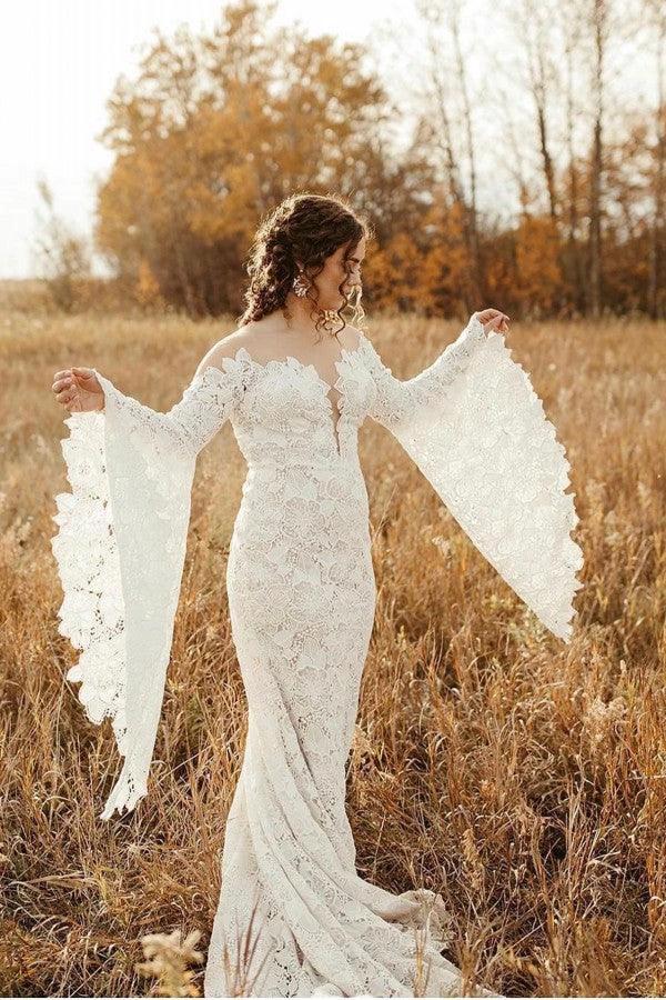 Elegant Long Sleeves Mermaid Lace Backless Wedding Dresses by BIZTUNNEL