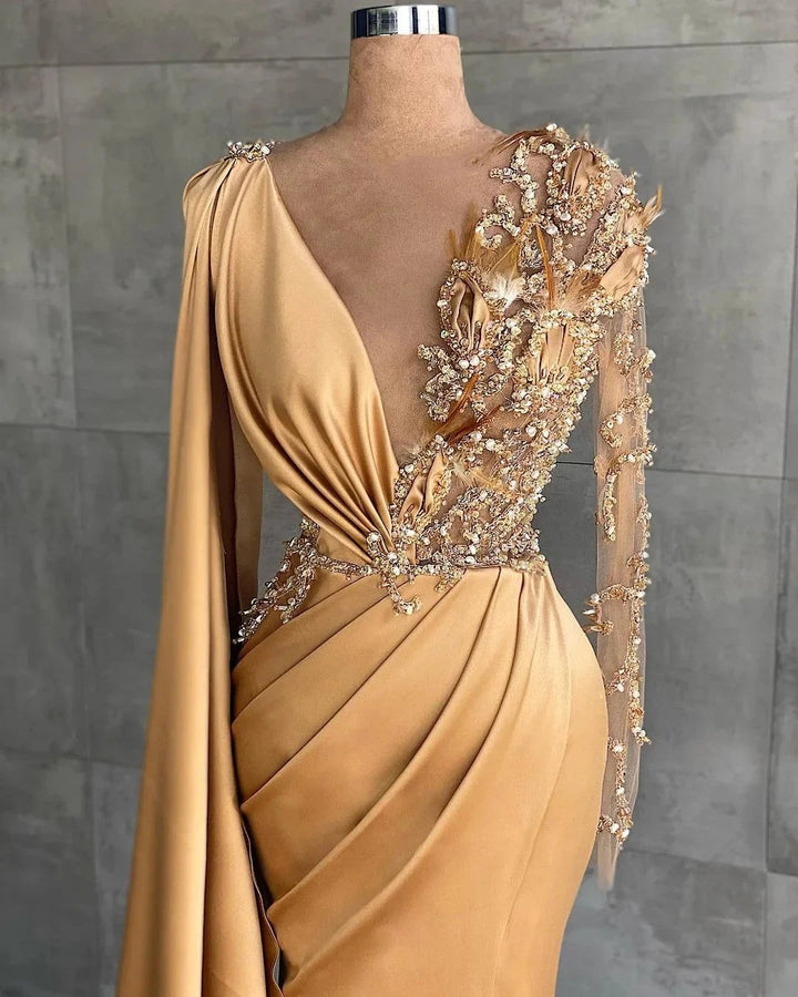 Elegant Long Sleeves Mermaid V-neck Satin Prom Dress with Slit by BIZTUNNEL