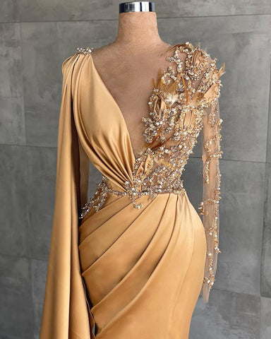 Elegante vestido de fiesta de satén con escote en V y manga larga estilo sirena con abertura