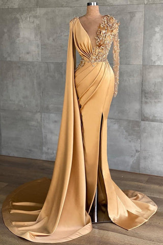 Elegante vestido de fiesta de satén con escote en V y manga larga estilo sirena con abertura