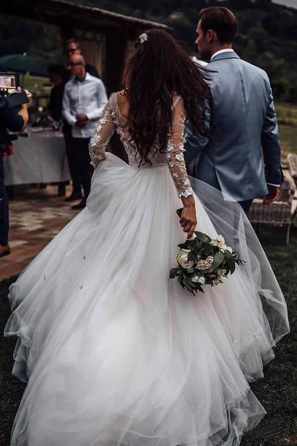 Elegant Long Sleeves Tulle Wedding Dresses Bridal Gowns With Lace Applique WD385 by pgmdress