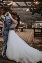 Elegant Long Sleeves Tulle Wedding Dresses Bridal Gowns With Lace Applique WD385 by pgmdress