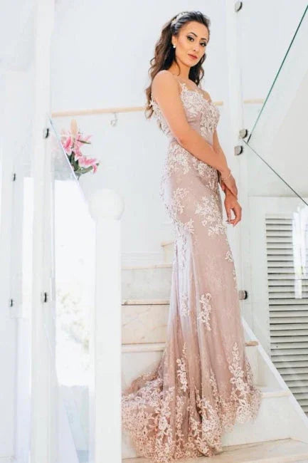 Elegant Long Spaghetti Straps Lace Mermaid Prom Dresses by misshow.com