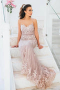 Elegant Long Spaghetti Straps Lace Mermaid Prom Dresses by misshow.com
