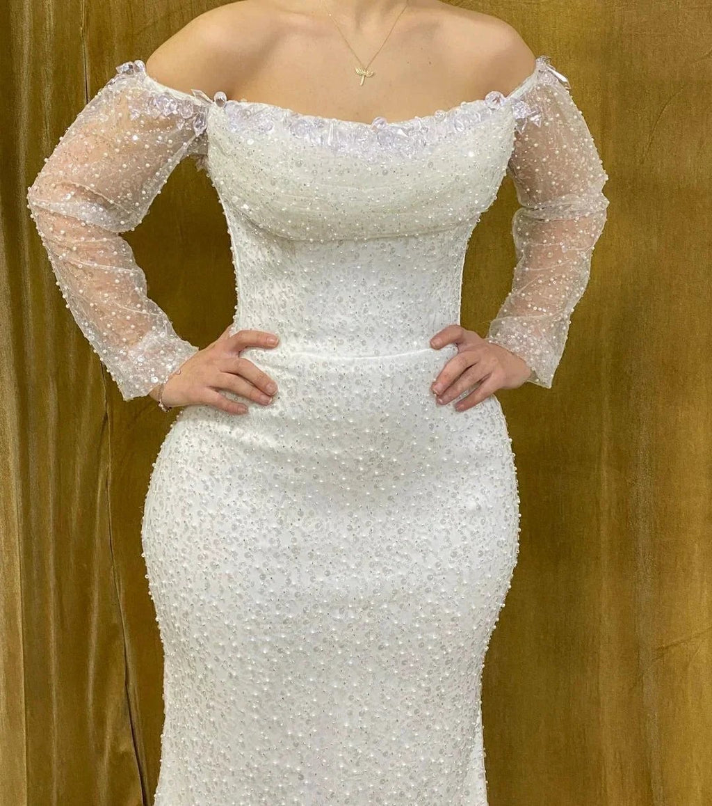 Elegant Long Strapless Beading Mermaid Prom Dress With Long Sleeves by misshow.com