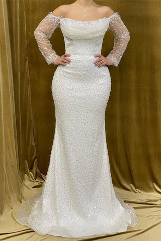 Elegantes langes trägerloses Meerjungfrau-Ballkleid mit Perlenbesatz und langen Ärmeln