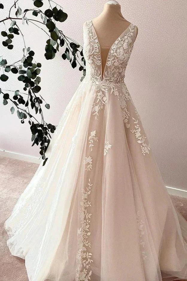 Elegant Long Sweetheart A-Line Tulle Appliques Lace Wedding Dress by BIZTUNNEL