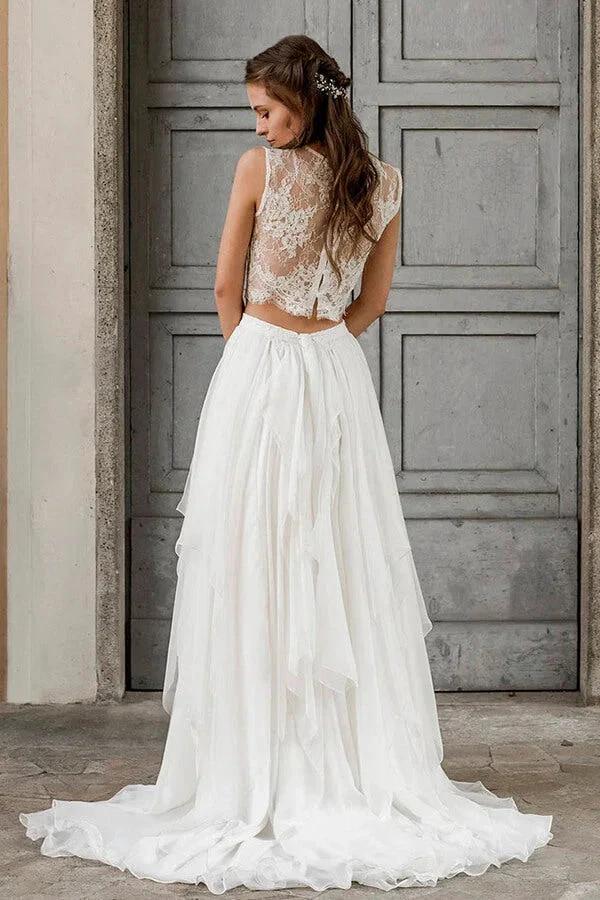Elegant Long Two Piece A-line Lace Chiffon Wedding Dress by BIZTUNNEL