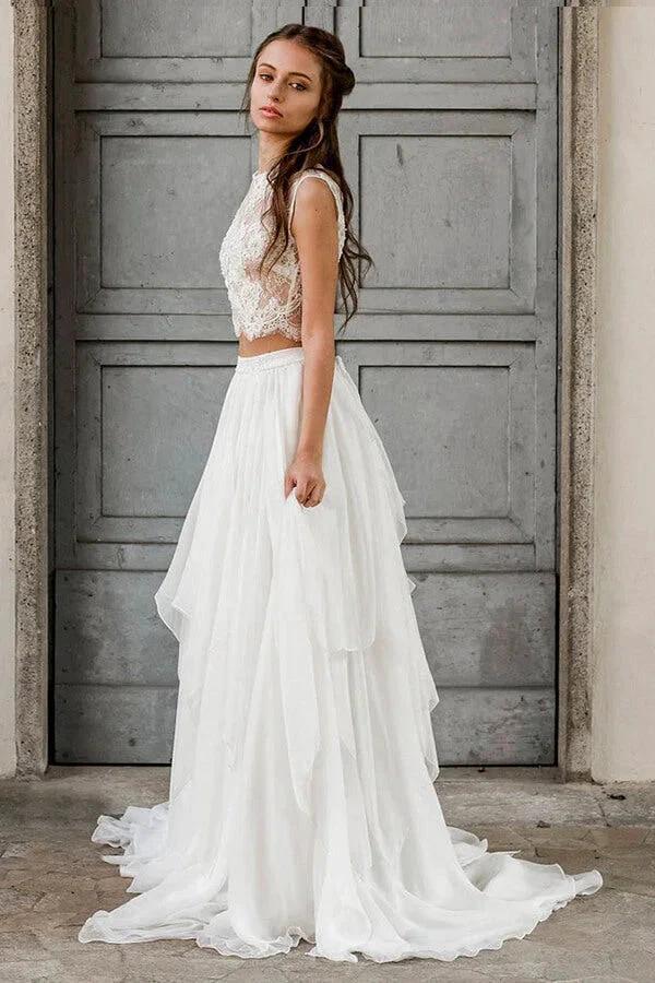 Elegant Long Two Piece A-line Lace Chiffon Wedding Dress by BIZTUNNEL