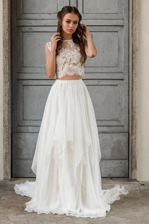 Elegant Long Two Piece A-line Lace Chiffon Wedding Dress by BIZTUNNEL