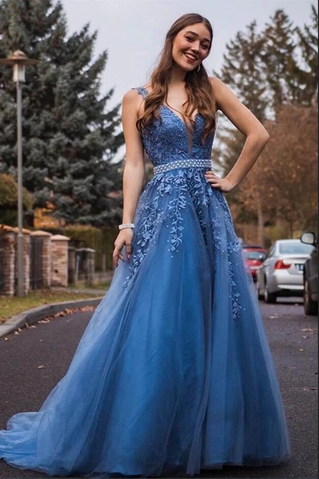 Elegant Long V-neck Wide Straps Tulle A-line Prom Dress with Appliques Lace by BIZTUNNEL