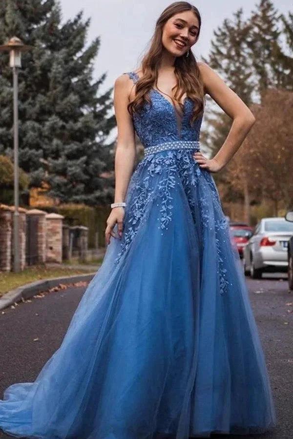 Elegant Long V-neck Wide Straps Tulle A-line Prom Dress with Appliques Lace by BIZTUNNEL