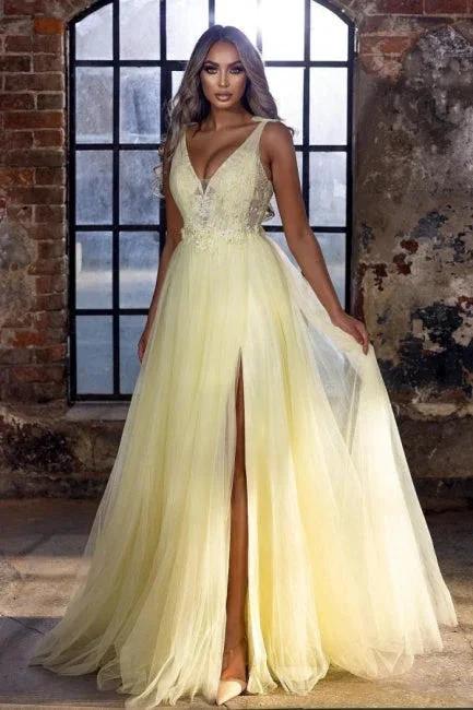 Elegant Long V-Neck Yellow A-line Sleeveless Prom Dresses by misshow.com
