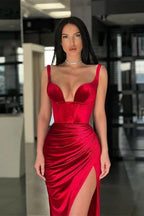 Elegant Long Velvet Red Mermaid Prom Dress With Slit by misshow.com