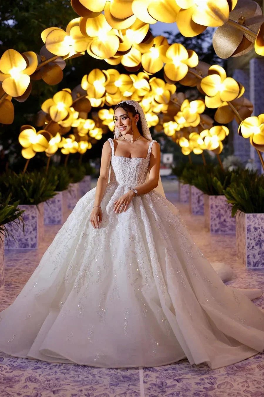 Elegant Long White A-line Appliques Lace Straps Weeding Dress by misshow.com