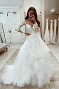 Elegant Long White A-line Appliques Long Sleeves Wedding Dress With Lace by misshow.com