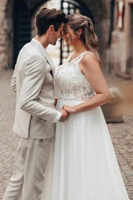 Elegant Long White A-line Lace Chiffon Sleeveless Backless Wedding Dress by misshow.com