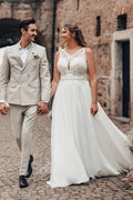 Elegant Long White A-line Lace Chiffon Sleeveless Backless Wedding Dress by misshow.com