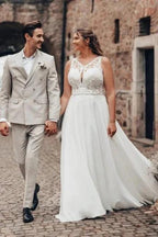 Elegant Long White A-line Lace Chiffon Sleeveless Backless Wedding Dress by misshow.com