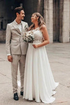 Elegant Long White A-line Lace Chiffon Sleeveless Backless Wedding Dress by misshow.com