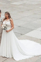 Elegant Long White A-line Lace Chiffon Sleeveless Backless Wedding Dress by misshow.com