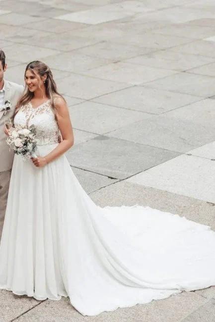 Elegant Long White A-line Lace Chiffon Sleeveless Backless Wedding Dress by misshow.com