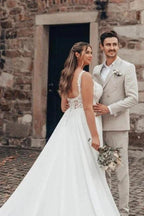 Elegant Long White A-line Lace Chiffon Sleeveless Backless Wedding Dress by misshow.com