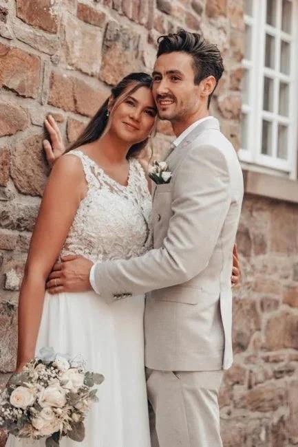 Elegant Long White A-line Lace Chiffon Sleeveless Backless Wedding Dress by misshow.com