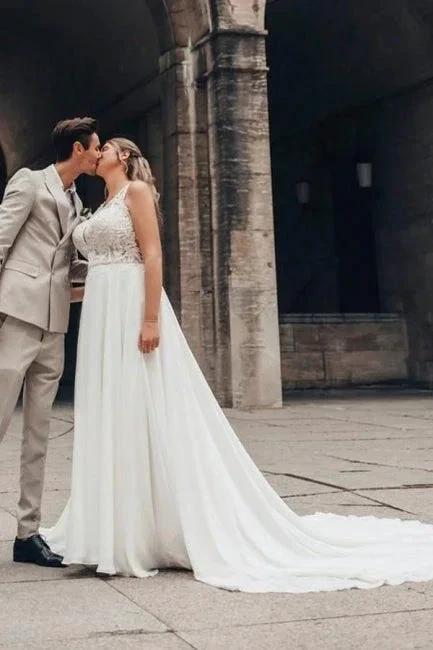 Elegant Long White A-line Lace Chiffon Sleeveless Backless Wedding Dress by misshow.com