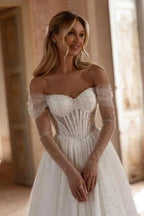 Elegant Long White A-line Off-the-shoulder Tulle Rhinestones Pearls Wedding Dress by misshow.com